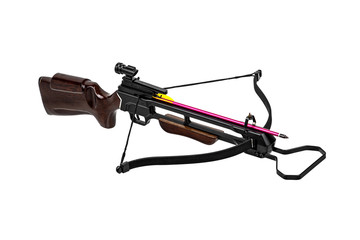 Crossbow isolate on white back. Modern crossbow with wooden butt. Quiet weapons for hunting and...