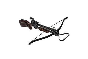 Crossbow isolate on white back. Modern crossbow with wooden butt. Quiet weapons for hunting and sports.