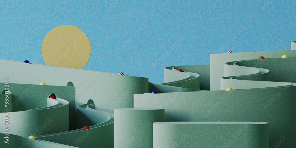 Poster minimal background for branding and product presentation. green podium and colorful marble run on gr