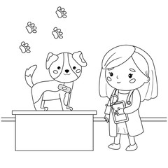 Cartoon kawaii veterinarian and dog with patch bandage. Coloring page for kids. Educational game for preschoolers.