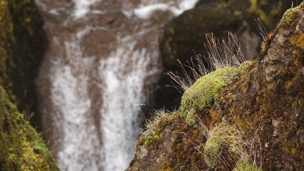 Mossy Grassy Ledge with Waterfall, Fjaðrárgljúfur Canyon in Iceland