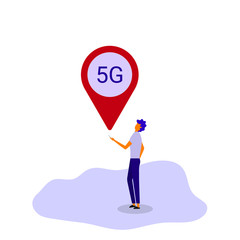 Cartoon man using 5G network on his smart phone, modern wireless internet technology, mobile broadband connection. Isolated vector illustration.