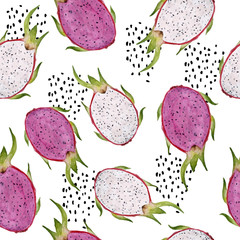 hand drawn watercolor seamless pattern of pitaya pitahaya or dragon fruit, exotic tropical delicious food with white and pink pulp healthy organic superfood for labels textile fabric cafe menu collage