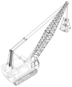 recommend clip art: Dragline excavator. Construction equipment isolated vector. Heavy equipment vehicle. The layers of visible and invisible lines are separated. Wire-frame outline.
