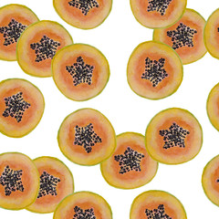 watercolor hand drawn seamles pattern tropical exotic papaya fruit group orange yellow and green color with black seeds healthy trendy food for vegan vegetarian diet for kitchen textile fabrics menu