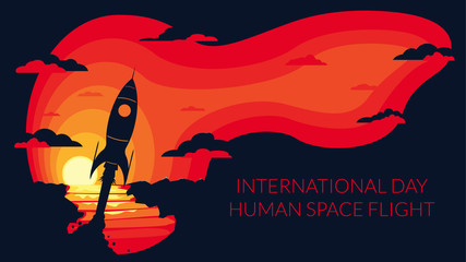Vector banner. Concept: international day of human space flight, day of aviation and astronautics. Rocket take off at sunrise. Style is negative space.