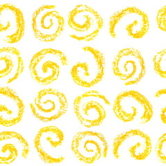 seamless hand drawn oil pastel pattern with textured bright yellow spirals on white isolated background modern geometric shapes vibrant bright design for textile wallpaper fabric in 60s 70s 80s style