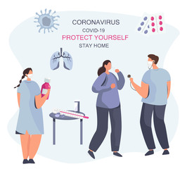 Coronavirus in the Hospital. Doctor,Nurse,Patient Keeping Distance for Decrease Infection Risk For Prevent Virus Covid-19. Stay Home on Quarantine During the Coronavirus Epidemic.Vector Illustration