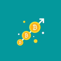 Gold bitcoin sign and up arrows. Flat icon isolated on blue. Economy, finance, digital money.