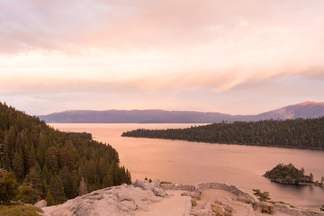 Sunset view over Fannette Island at Emerald Bay in Lake Tahoe