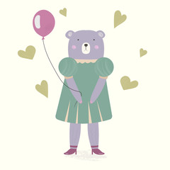 Cute bear girl in modern clothes. Hand drawn vector cartoon illustration. Can be used for t-shirt print, kids wear fashion design, baby shower invitation card greeting card. Kids illustration