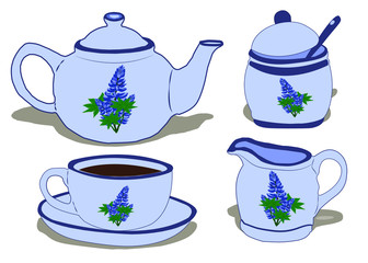 Tea party Decorative tea set with a floral pattern. Isolated teapot, tea cup, jug of milk and sugar bowl. Vector illustration.