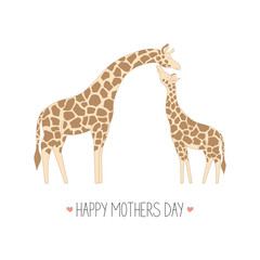 Obraz na płótnie Canvas Drawn cute mom giraffe and baby giraffe on white background. Greeting card for mother's day. Vector illustration.