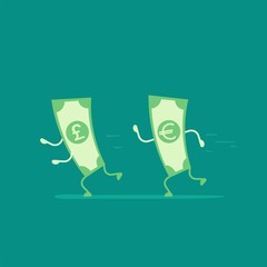Green euro banknote chasing pound sterling. Money running. Flat vector illustration on blue.