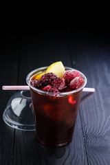 iced coffee with raspberries and apple