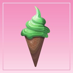 Cute vector pistachios, green ice cream in waffle cone