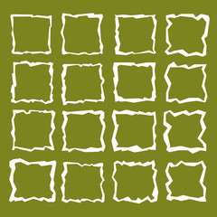 Square window frame. Irregular broken line. White on green background. Kinks, warped square frames. Primitive flat style, cut out of paper. Different types of bends. Brutal design