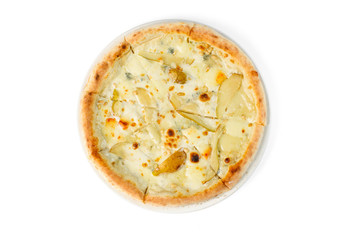 Pizza with cheese and pear on a plate white isolated background. Top view
