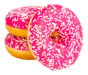 Pink donut with colorful sprinkles isolated on white background