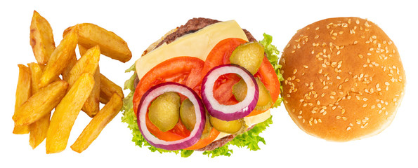 Big  burger with french fries isolated on white background. Top view