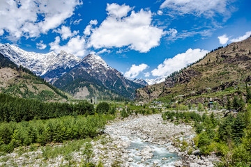 Beautiful landscape of the valley between the cities of Vashist and Old Manali, north of India.