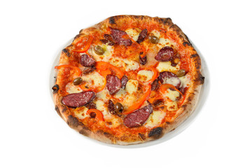 Meat pizza with tomatoes, cheese and basil on white isolated background