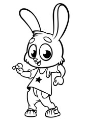 Cartoon bunny rabbit dancing. Vector illustration outlined. Design for coloring book.