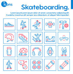 Skateboarding symbols color linear vector icon set