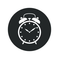 Alarm clock graphic icon. Alarm clock sign in the circle isolated on white  background. Watches template. Vector illustration
