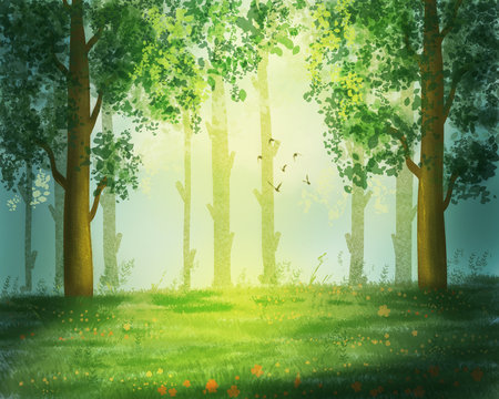 Illustration of wild forest landscapes on a summer sunny day. Beautiful forest clearing with green grass and flowers.