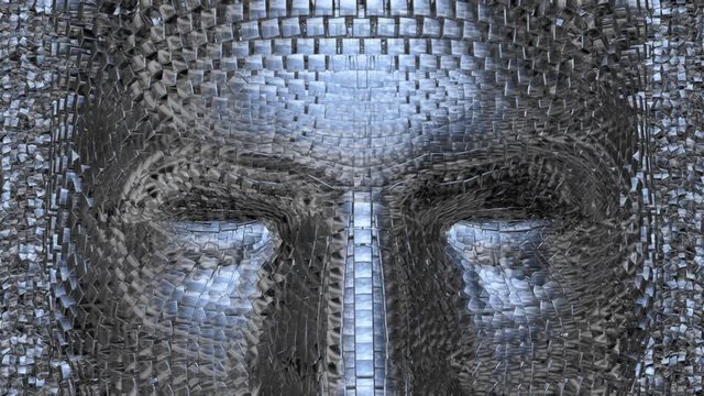 Robotic head ,  metallic face made of shiny chrome cubes . 3d animation rendering  . Liquid metal motion effect