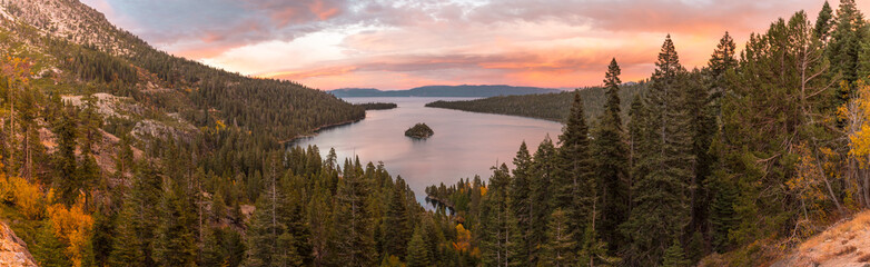 Panoramic sunset view over Fannette Island at Emerald Bay in Lake Tahoe