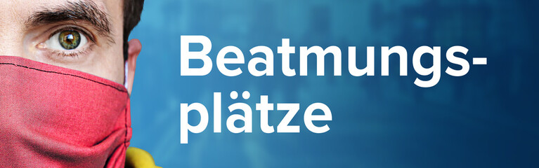 Beatmungsplätze. Mann mit Mundschutz vor blauen Hintergrund mit Menschen. Corona, Krankheit,...