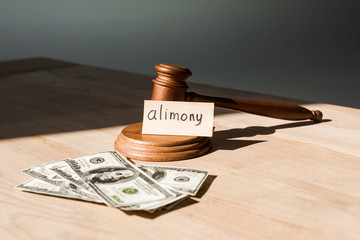 gavel near dollar banknotes and paper with alimony lettering on table