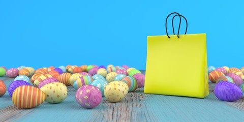 Colored easter eggs with a shopping bag on the wooden table. 3d illustration.