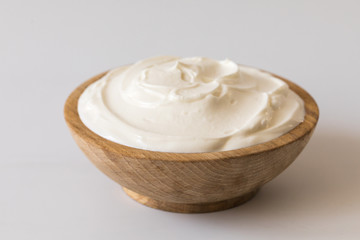 Fototapeta na wymiar Greek yogurt .Homemade Fatty Dairy product, sour cream, mayonnaise.