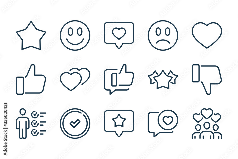 Poster feedback and survey related line icon set. review and rating vector linear icons.