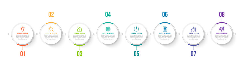 Minimal Business Infographics template. Timeline with 8 steps, options and marketing icons .Vector linear infographic with eight conected elements. Can be use for presentation.