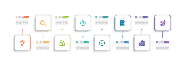 Minimal Business Infographics template. Timeline with 8 steps, options and marketing icons .Vector linear infographic with eight conected elements. Can be use for presentation.