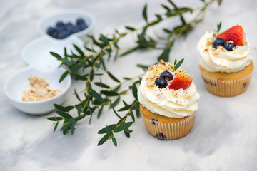 Tasty cupcakes decorated with cream cheese, blueberry and strawberry on modern concrete background. Sweet baked pastry.