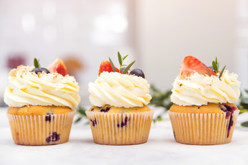 Easter cupcakes with fruit. Sweet cupcakes for party.