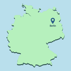 The 3D map of Germany with pin pointing to Berlin the capital of Germany
