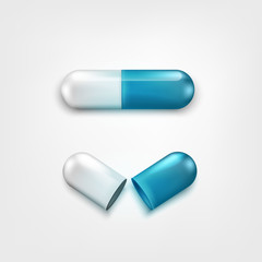 Two capsule pills white and blue color isolated on white background. One open and close. Background for pharmacy shop or drugstore. Element of vector design for medical or pharmaceutics concept