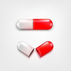 Two capsule pills white and red color isolated on white background. One open and close. Background for pharmacy shop or drugstore. Element of vector design for medical or pharmaceutics concept
