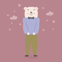 Cute bear guy in modern clothes. Hand drawn vector cartoon illustration. Can be used for t-shirt print, kids wear fashion design, baby shower invitation card greeting card. Kids illustration