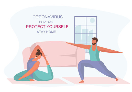 Stay Home Stay Safe.Yoga Time.Family Keeping Distance for Decrease Infection Risk For Prevent Virus Covid-19.Stay Home on Quarantine During the Coronavirus Epidemic.Vector Illustration