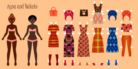 Two girls with clothes that can be changed. Africa. The dolls are ready to cut and play. Vector illustration.