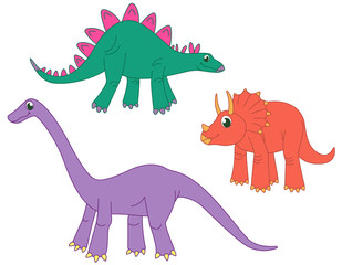 Set of herbivorous dinosaurs. Stegosaurus, triceratops and diplodocus in funny cartoon style.