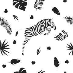 Illustration of a seamless black and white pattern with a zebra on a white background.