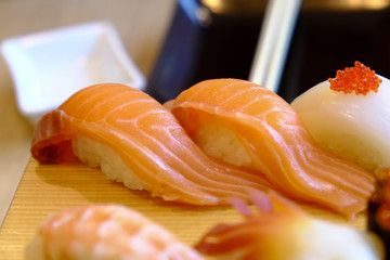 Two Salmon sushi with other sushi